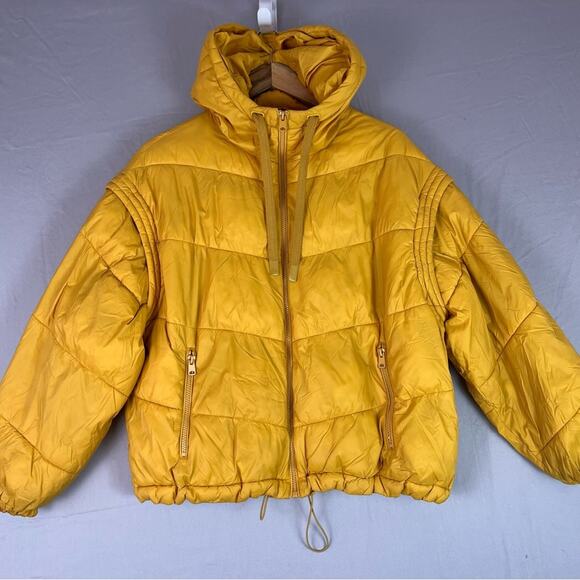 Zara Puffer Jacket Vest Womens Small Yellow Hooded Removable Sleeves Waterproof - Picture 1 of 11